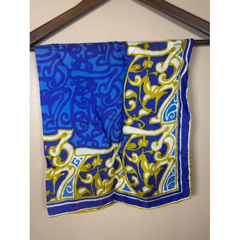 Vera Neumann Vintage Silk Scarf Blue Chartreuse Yellow Abstract Scroll Print